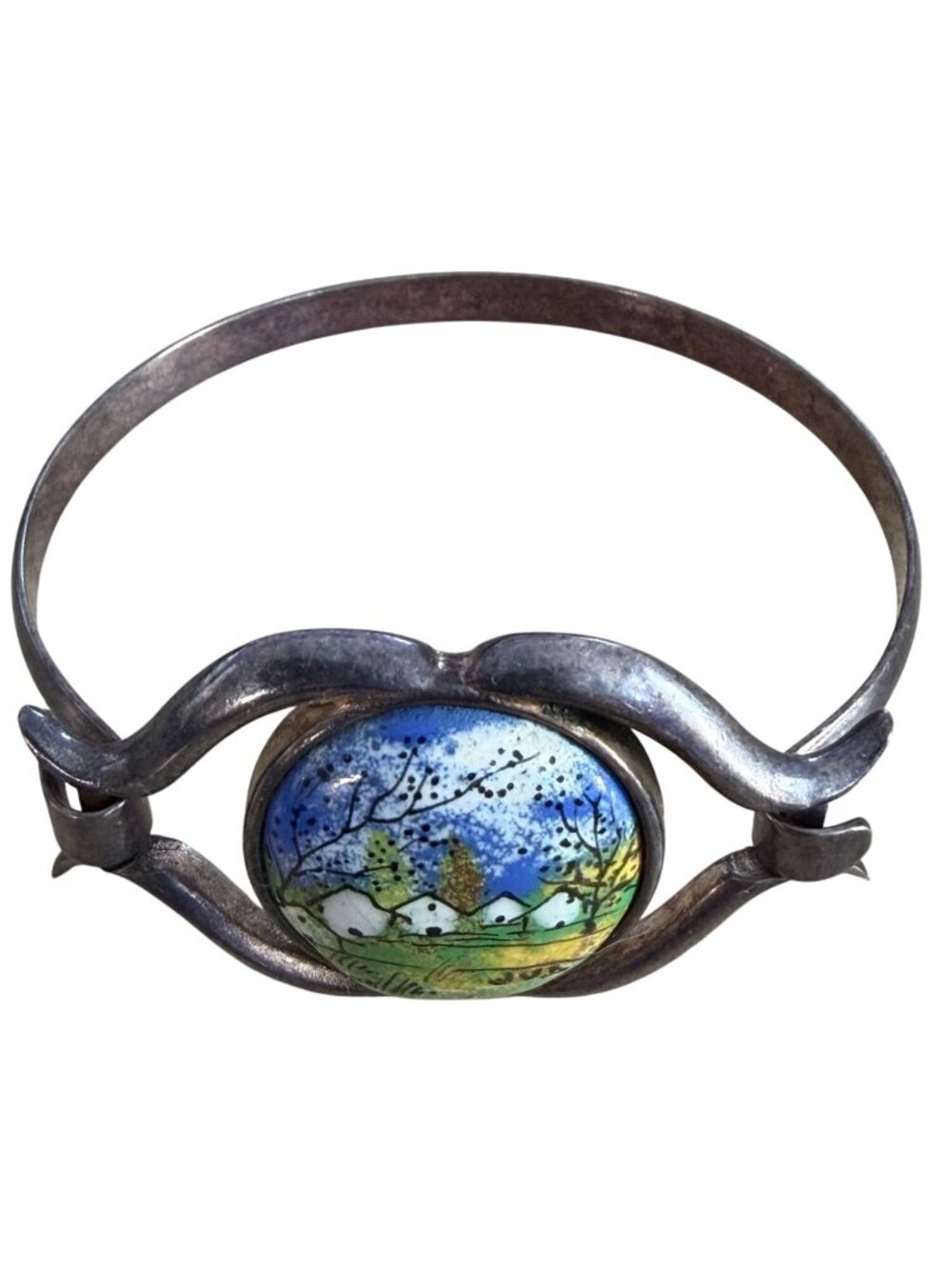 Vintage European Mid-Century Modern Enamel Landscape Hinged Bracelet Signed JUB